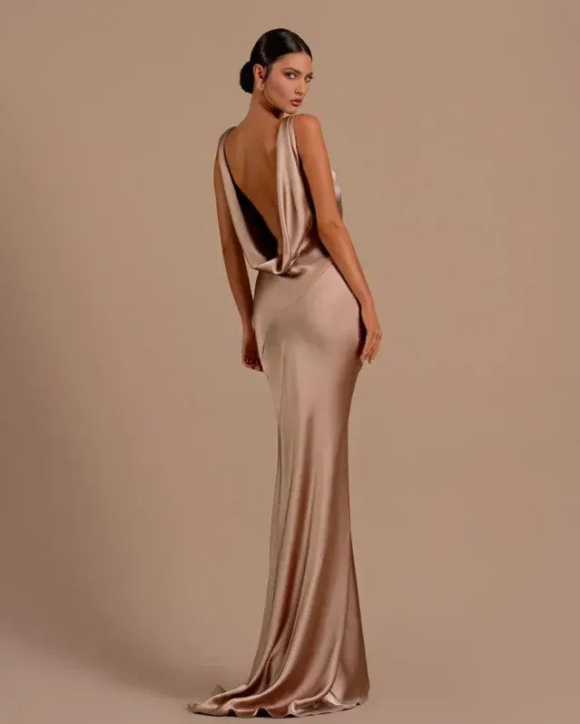 Sleek Mermaid Cowl Neck Deep V Back Champagne Train Prom Dress For Women Buy