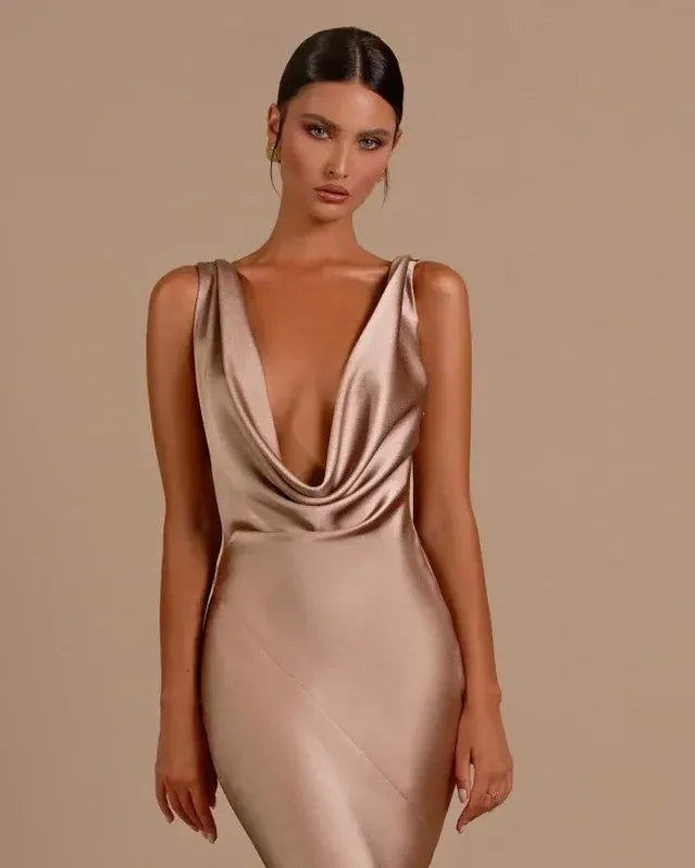 Sleek Mermaid Cowl Neck Deep V Back Champagne Train Prom Dress For Women Buy