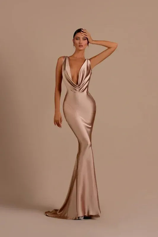 Sleek Mermaid Cowl Neck Deep V Back Champagne Train Prom Dress For Women Buy