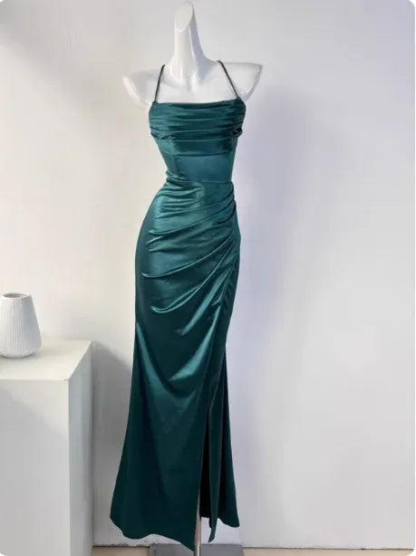 Sleek Mermaid Cowl Neck Sleeveless Ruched Emerald Green Maxi Prom Dress for Women Custom