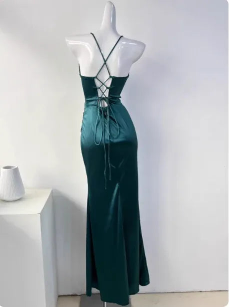 Sleek Mermaid Cowl Neck Sleeveless Ruched Emerald Green Maxi Prom Dress for Women Custom