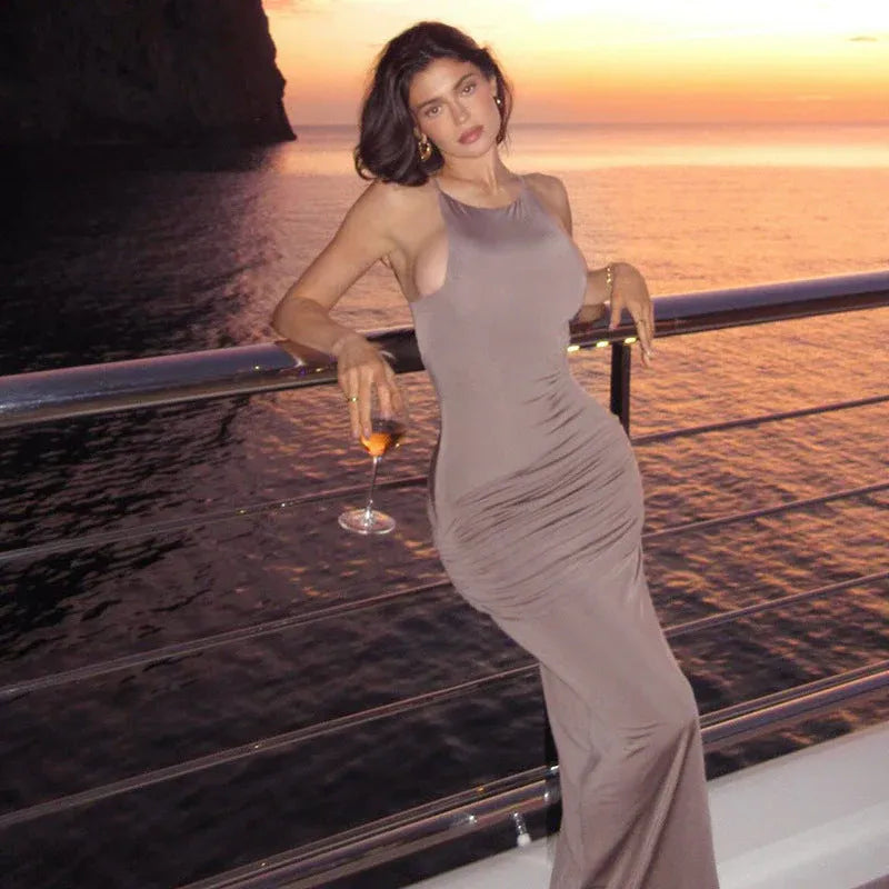 Sleek Mermaid Halter-Neck Sleeveless Ruched Taupe Long Prom Dress for Women Ready to Ship