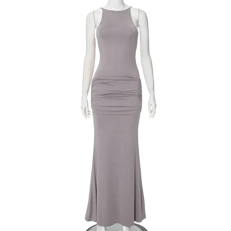 Sleek Mermaid Halter-Neck Sleeveless Ruched Taupe Long Prom Dress for Women Ready to Ship