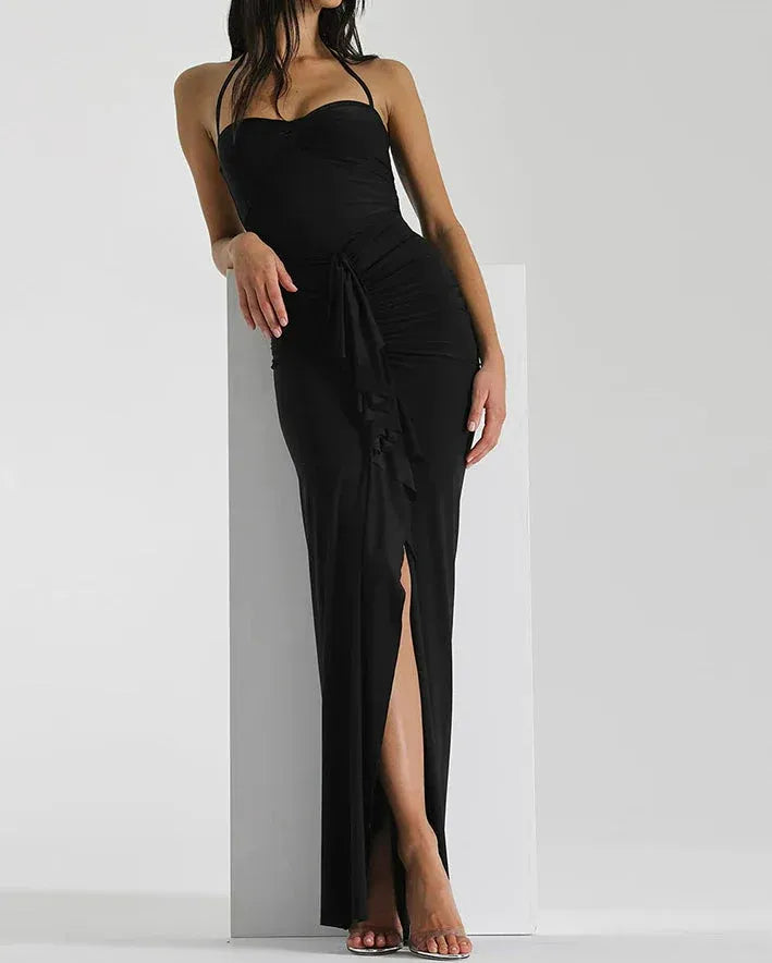 Sleek Mermaid Halter Ruffle Ruched Black Floor-Length Prom Dress With Slit