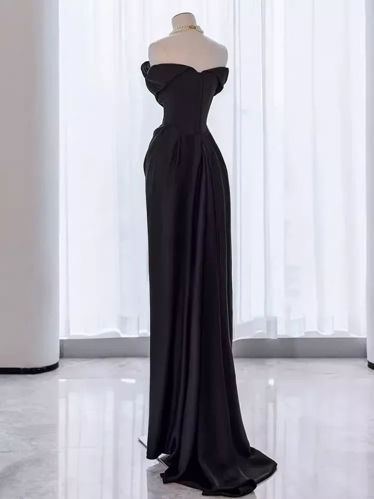 Sleek Mermaid Off-the-Shoulder Sleeveless Draped Black Maxi Prom Dress for Women Custom