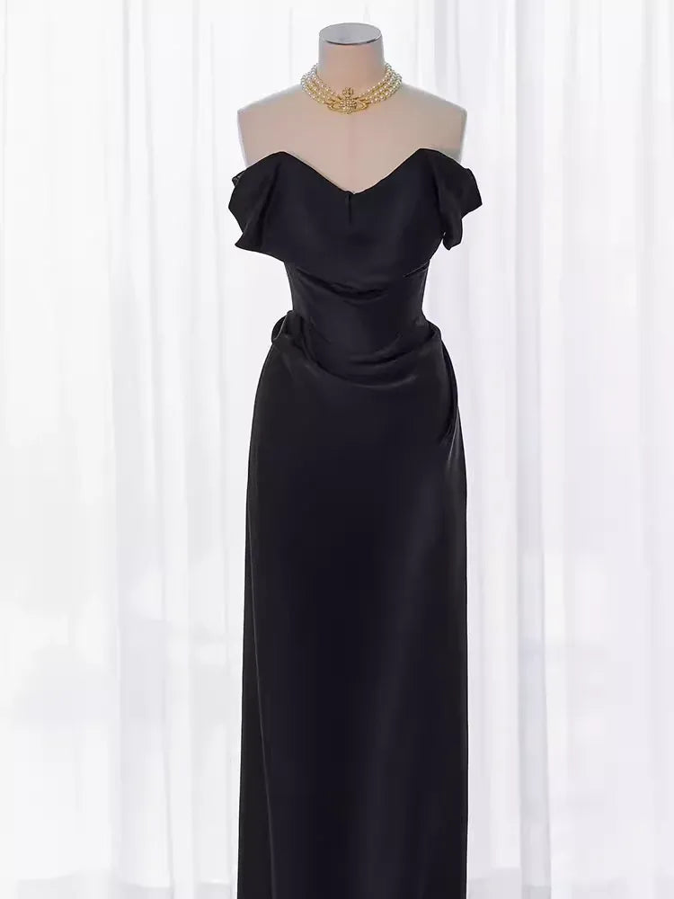 Sleek Mermaid Off-the-Shoulder Sleeveless Draped Black Maxi Prom Dress for Women Custom