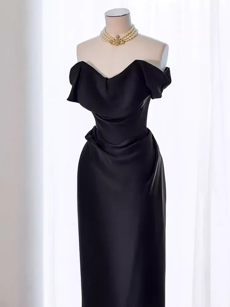 Sleek Mermaid Off-the-Shoulder Sleeveless Draped Black Maxi Prom Dress for Women Custom