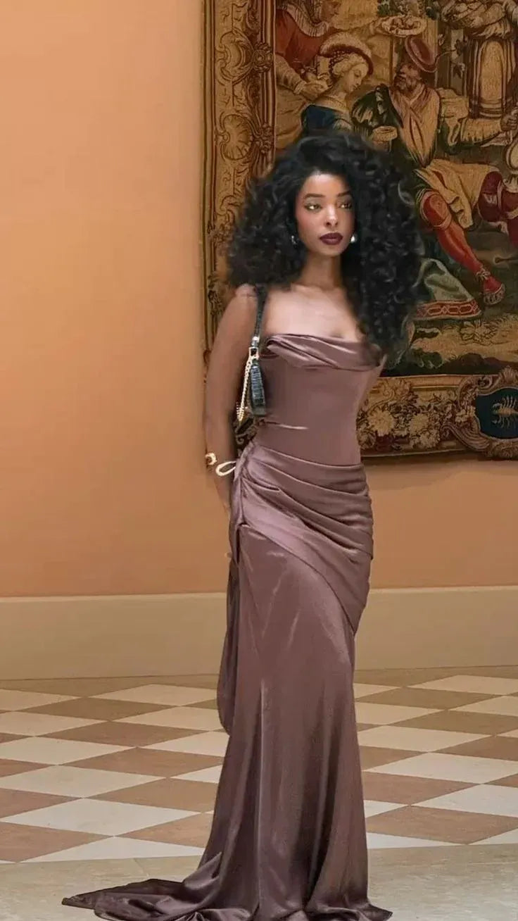 Sleek Mermaid Strapless Ruched Satin Mocha Train Prom Dress Hot Sale