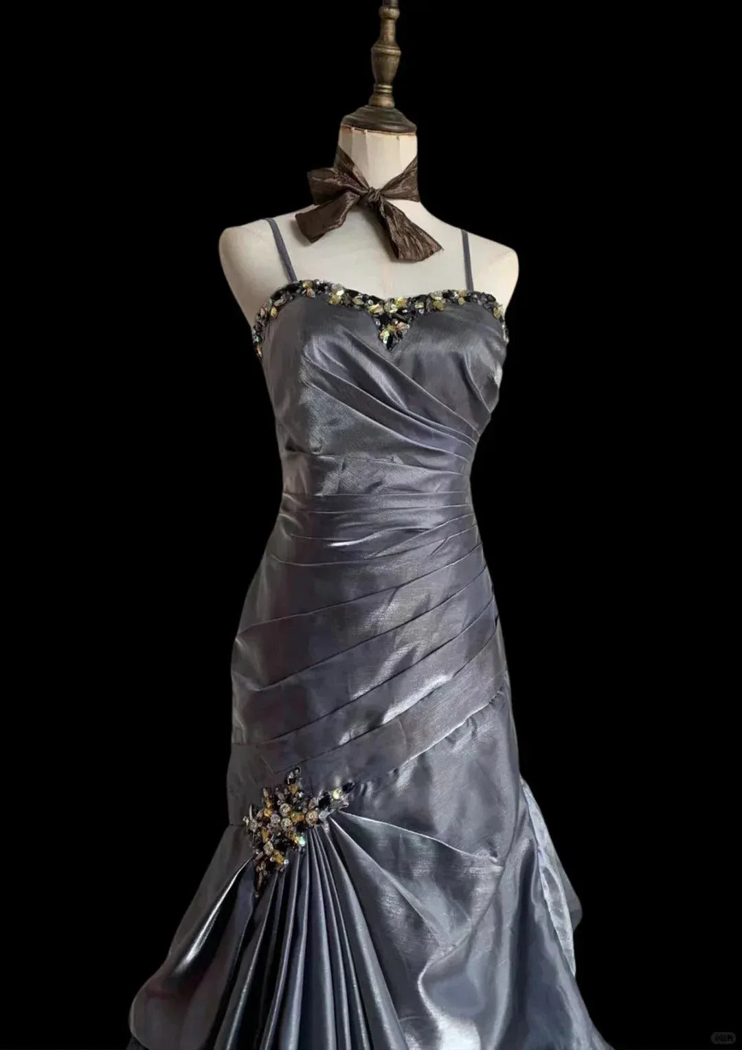 Sleek Mermaid Sweetheart Sleeveless Beaded Gunmetal Long Prom Dress for Women Ready to Ship