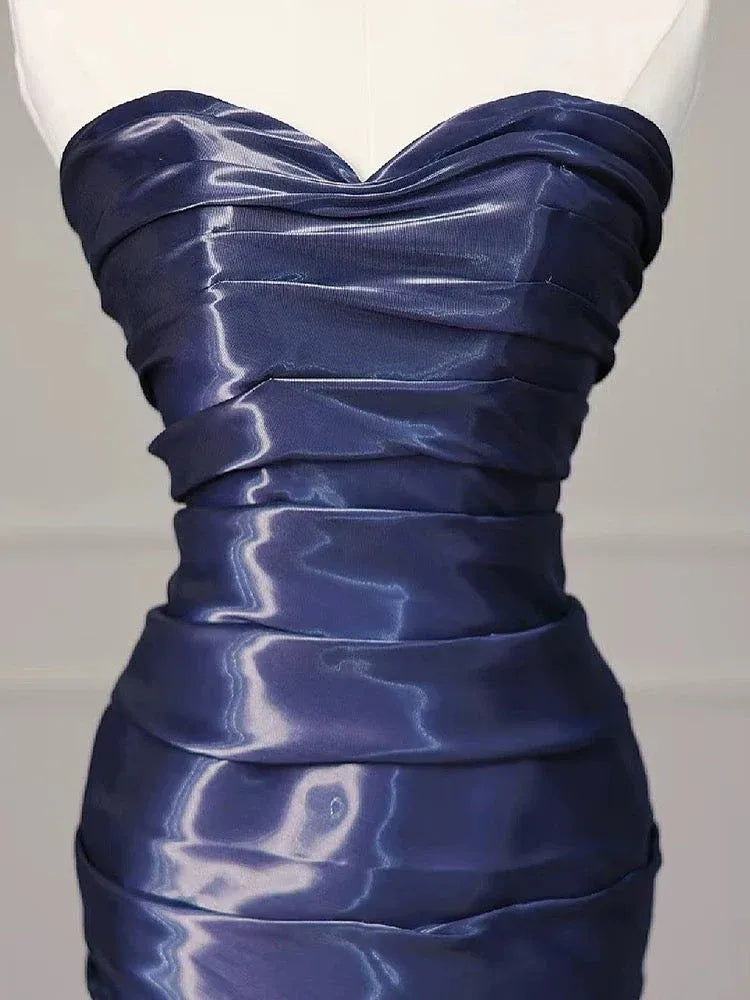 Sleek Mermaid Sweetheart Sleeveless Ruched Navy Long Prom Dress for Women Ready to Ship