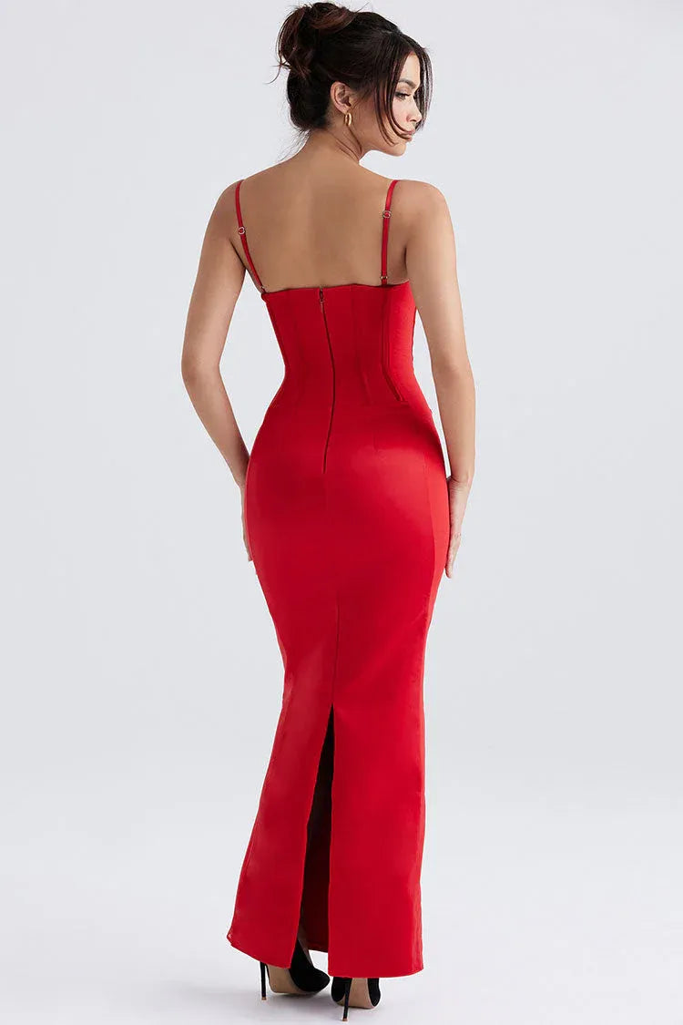 Sleek Mermaid Sweetheart Spaghetti-Strap Corset Fabric Red Floor-Length Evening Dress for Women