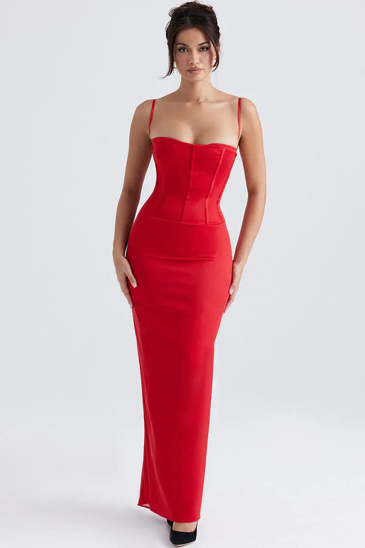 Sleek Mermaid Sweetheart Spaghetti-Strap Corset Fabric Red Floor-Length Evening Dress for Women