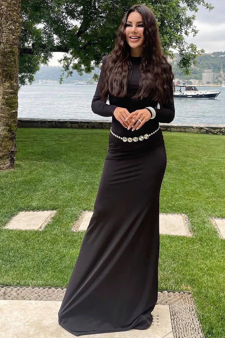 Sleek Mermaid Turtleneck Cutout-Rhinestone Black Maxi Evening Dress for Women