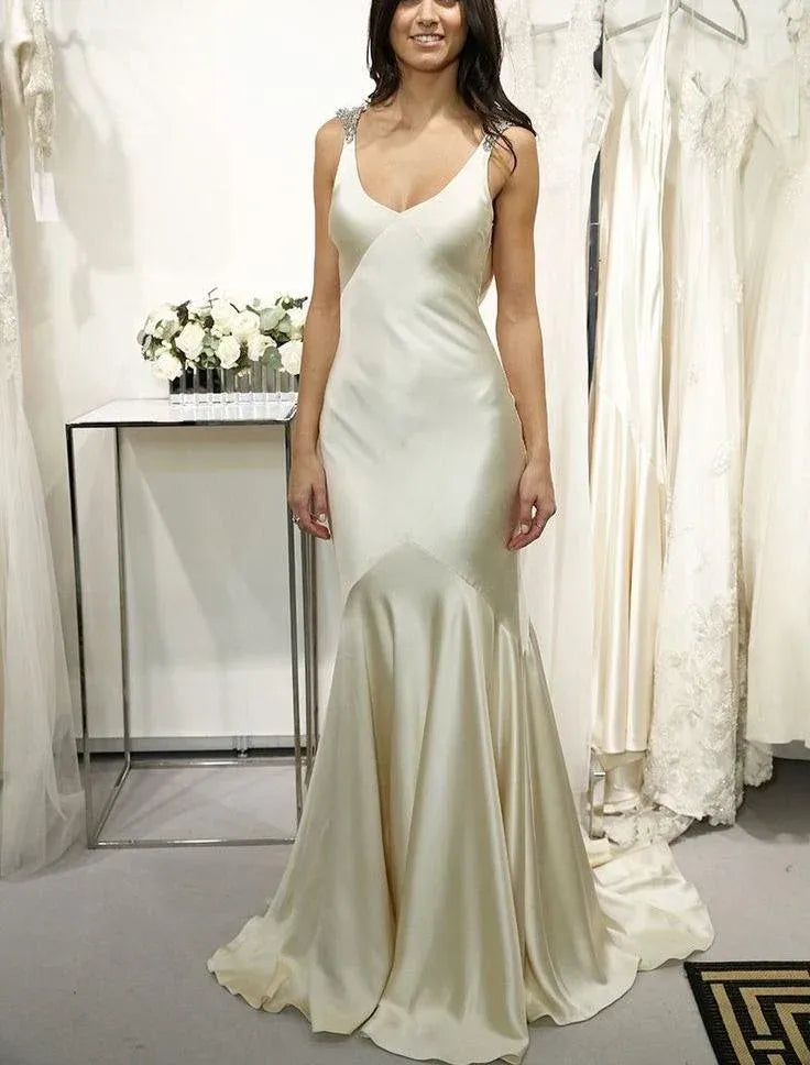 Sleek Mermaid V-Neck Crystal-Strap Ivory Maxi Prom Dress for Women ready to ship