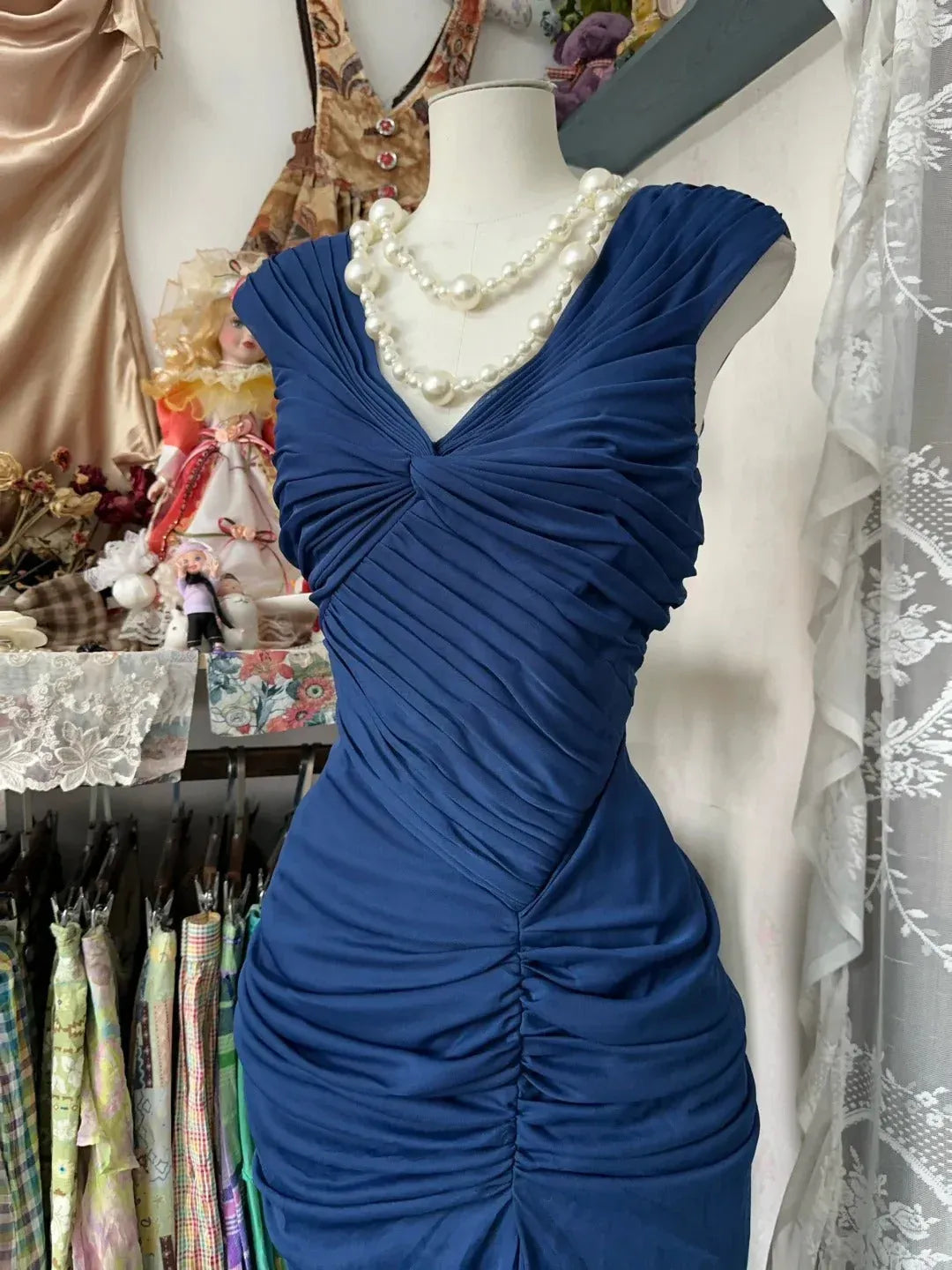 Sleek Mermaid V-Neck Short-Sleeve Ruched Royal Blue Maxi Prom Dress for Women Custom