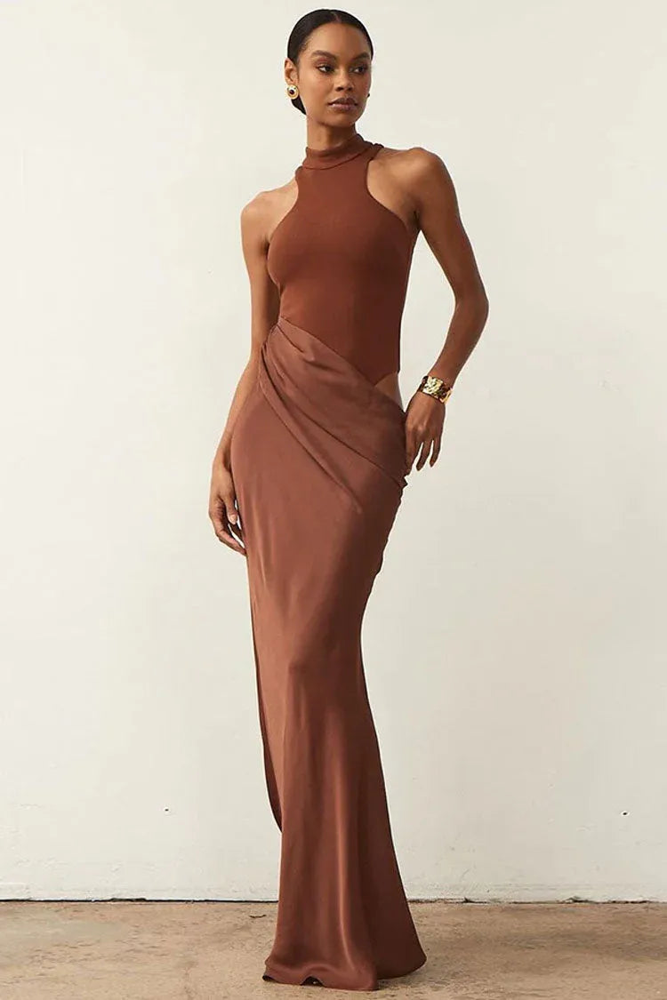 Sleek Satin Floor-Length Evening Dress Chocolate Halter Sleeveless for Women