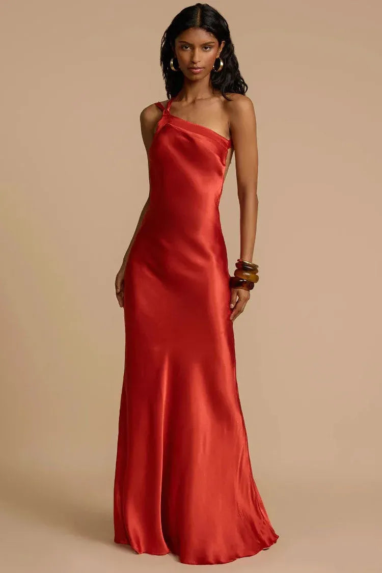 Sleek Satin Floor-Length Evening Dress Coral One-Shoulder Asymmetrical-Strap for Women