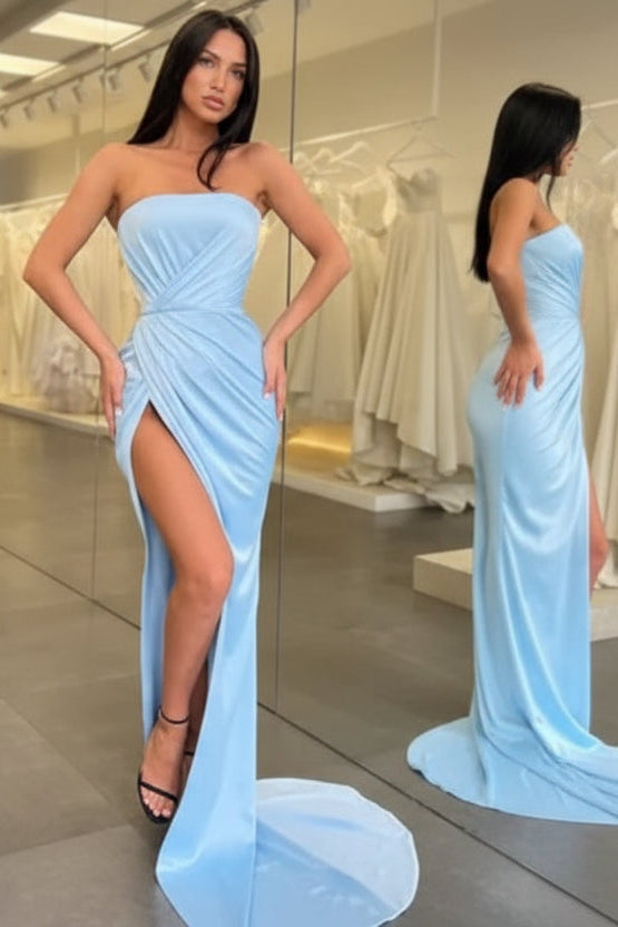Sleek Satin Floor-Length Evening Dress Light Blue Strapless High-Slit for Women