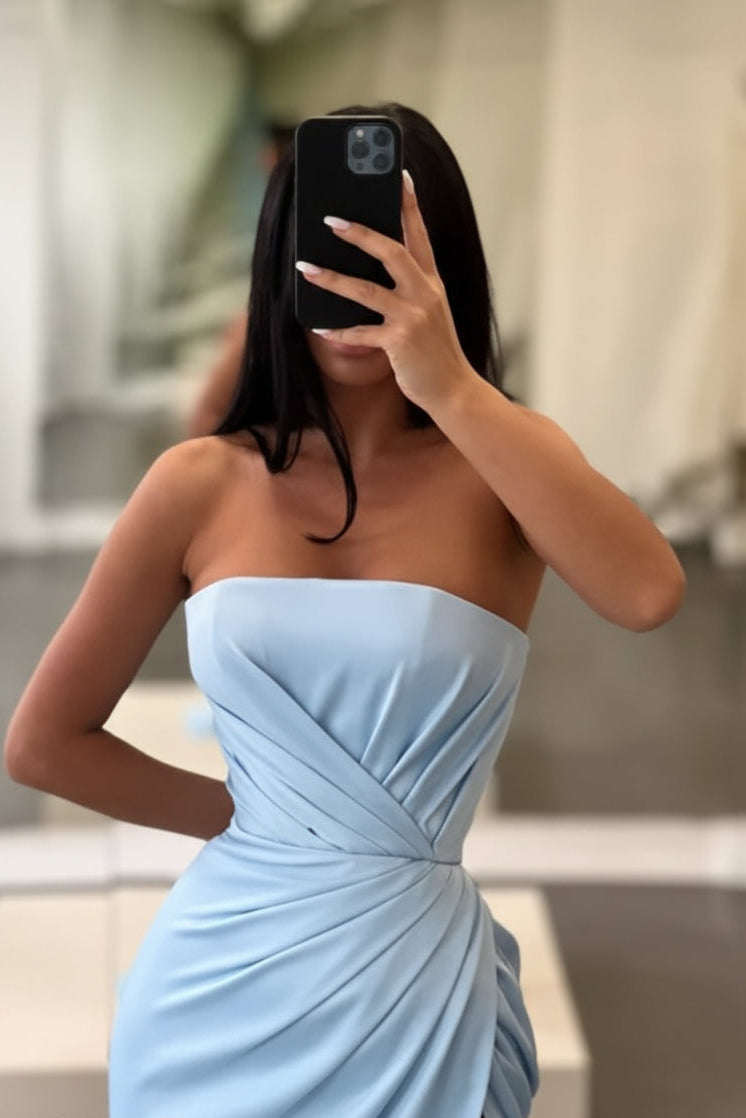 Sleek Satin Floor-Length Evening Dress Light Blue Strapless High-Slit for Women