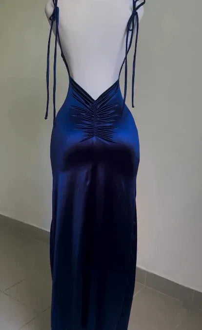 Sleek Satin Floor-Length Evening Dress Navy Ruched Spaghetti-Strap for Women