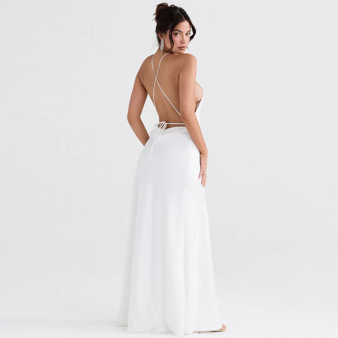 Sleek Satin Floor-Length Evening Dress White Halter Open-Back for Women