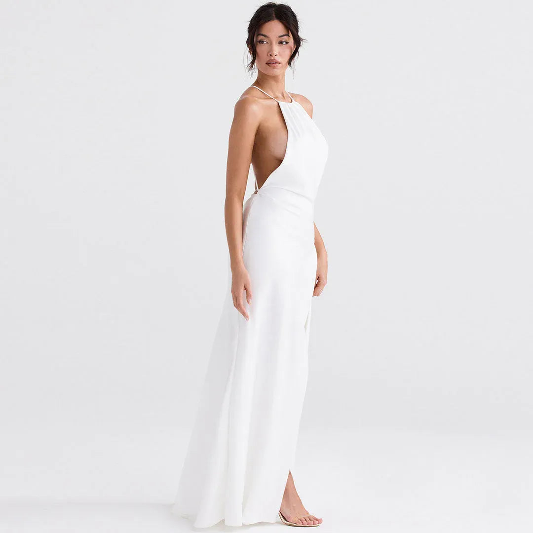 Sleek Satin Floor-Length Evening Dress White Halter Open-Back for Women