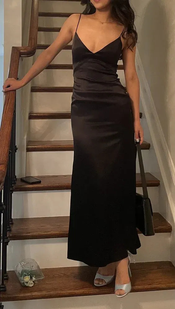 Sleek Satin Long Evening Dress Black Deep V-Neck Spaghetti Sleeve for Women