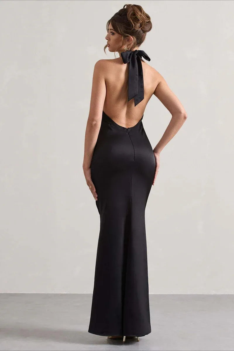 Sleek Satin Long Evening Dress Black Halter-Neck Sleeveless Party Gown for Women