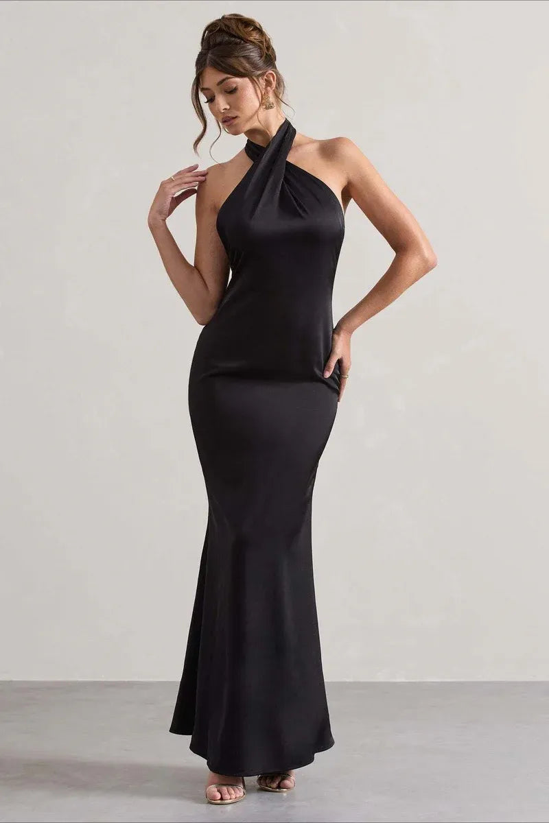 Sleek Satin Long Evening Dress Black Halter-Neck Sleeveless Party Gown for Women