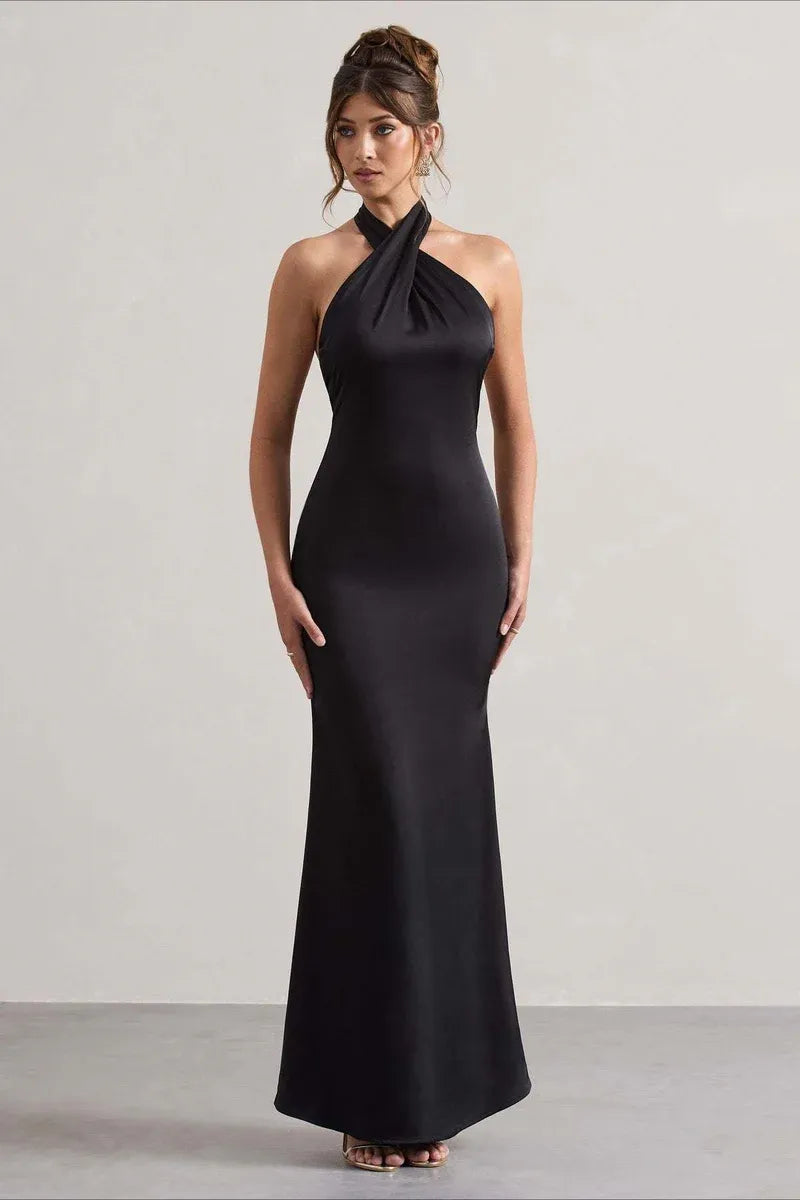 Sleek Satin Long Evening Dress Black Halter-Neck Sleeveless Party Gown for Women