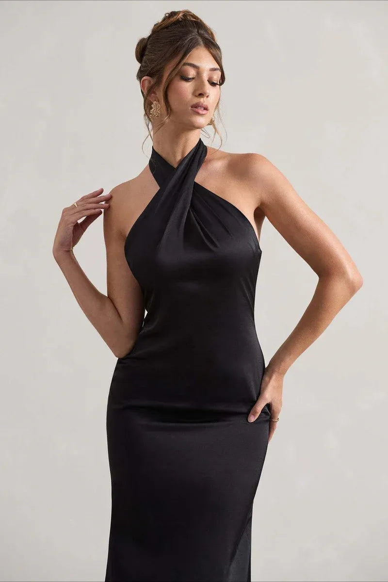 Sleek Satin Long Evening Dress Black Halter-Neck Sleeveless Party Gown for Women