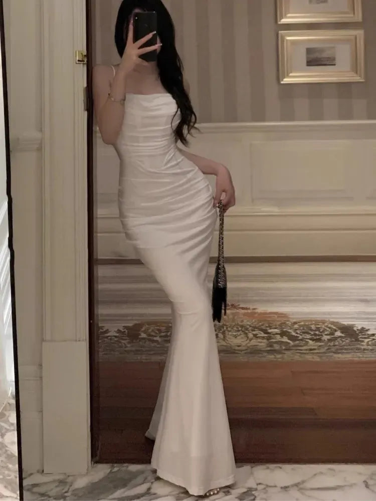 Sleek Satin Long Evening Dress Ivory Strapless Mermaid-Silhouette for Women