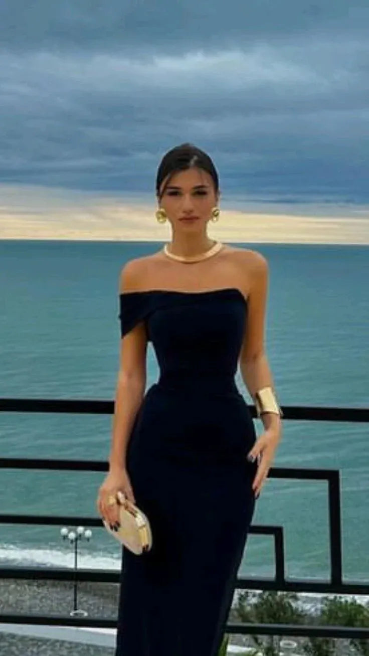 Sleek Satin Long Evening Dress Navy Blue Off-Shoulder Sleeveless for Women
