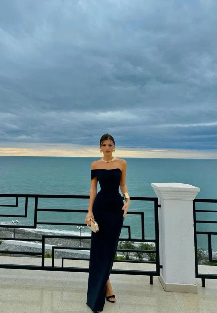 Sleek Satin Long Evening Dress Navy Blue Off-Shoulder Sleeveless for Women