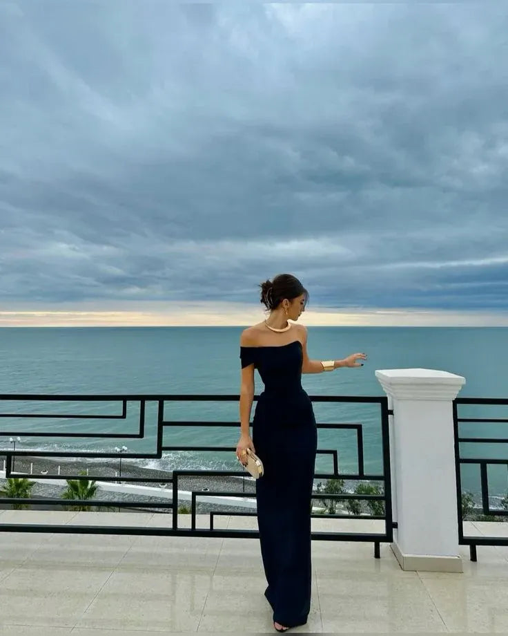 Sleek Satin Long Evening Dress Navy Blue Off-Shoulder Sleeveless for Women
