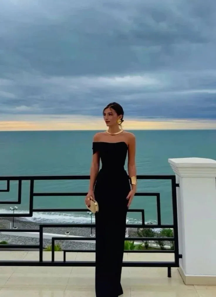 Sleek Satin Long Evening Dress Navy Blue Off-Shoulder Sleeveless for Women