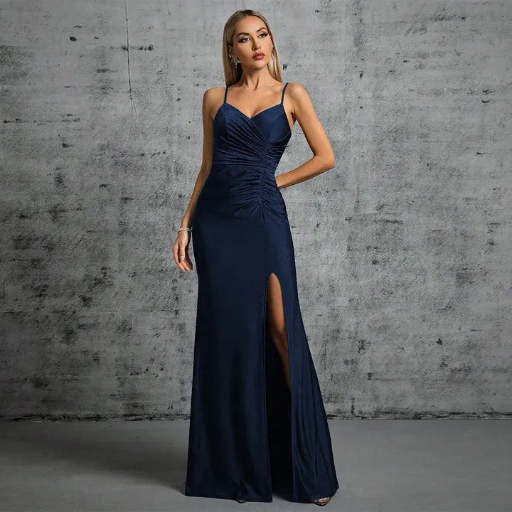 Sleek Satin Long Evening Dress Navy Blue Sweetheart Neck Spaghetti Sleeve for Women