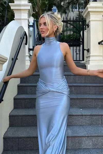 Sleek Satin Long Evening Dress Sky-Blue Halter-Neck Sleeveless Party Gown for Women
