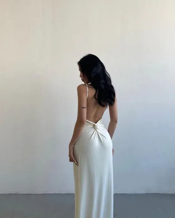 Sleek Satin Long Evening Dress White Spaghetti-Strap Open-Back for Women