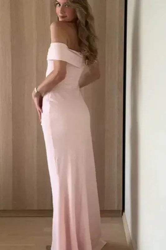 Sleek Satin Maxi Evening Dress Blush Off-Shoulder Slit for Women