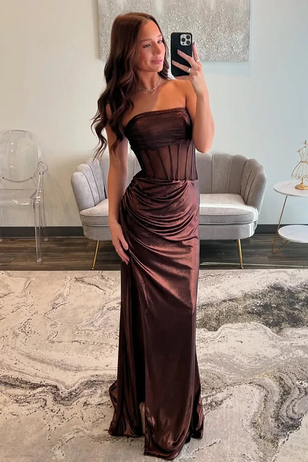 Sleek Satin Maxi Evening Dress Chocolate Strapless Sheer Corset for Women