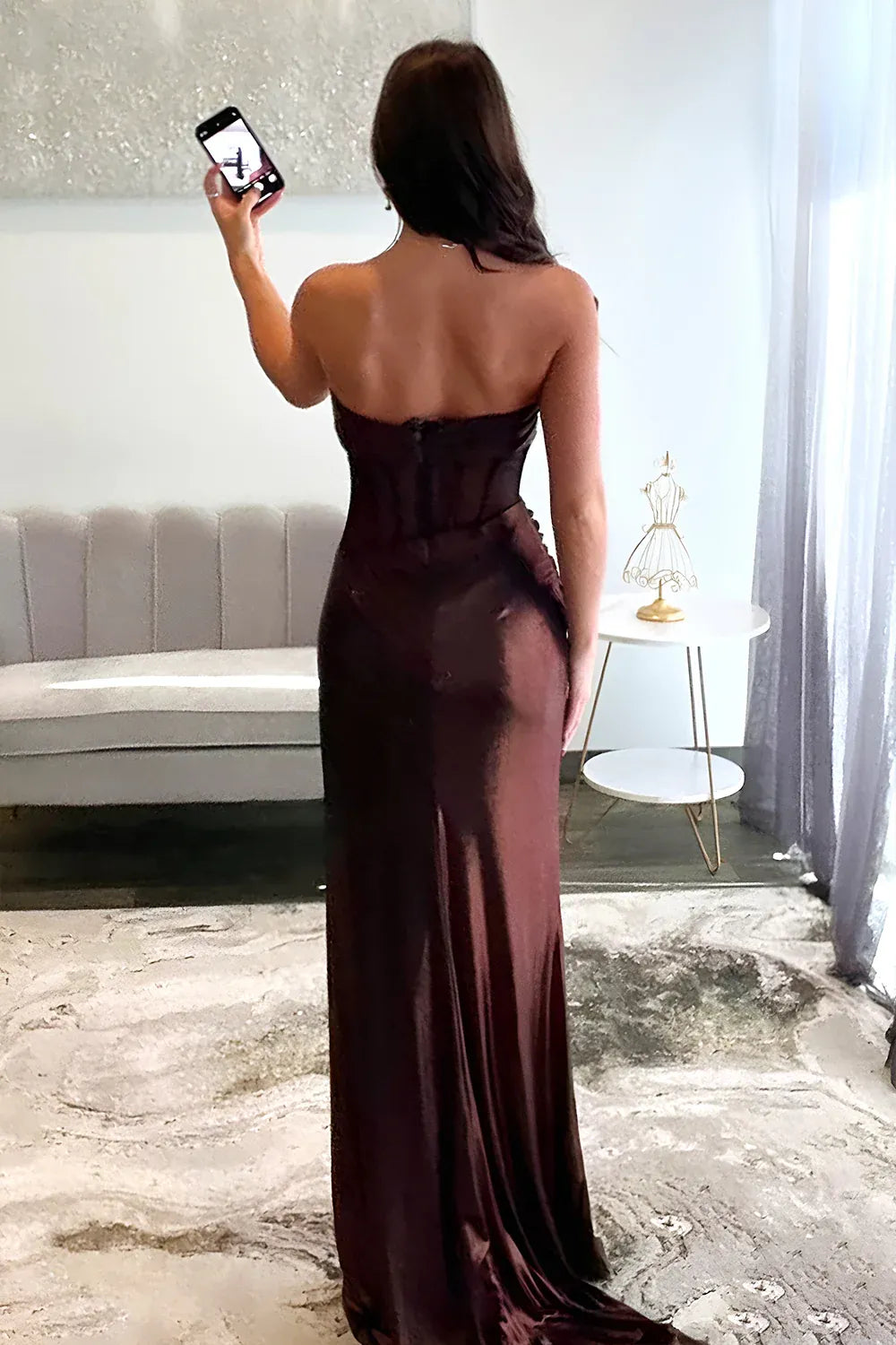 Sleek Satin Maxi Evening Dress Chocolate Strapless Sheer Corset for Women