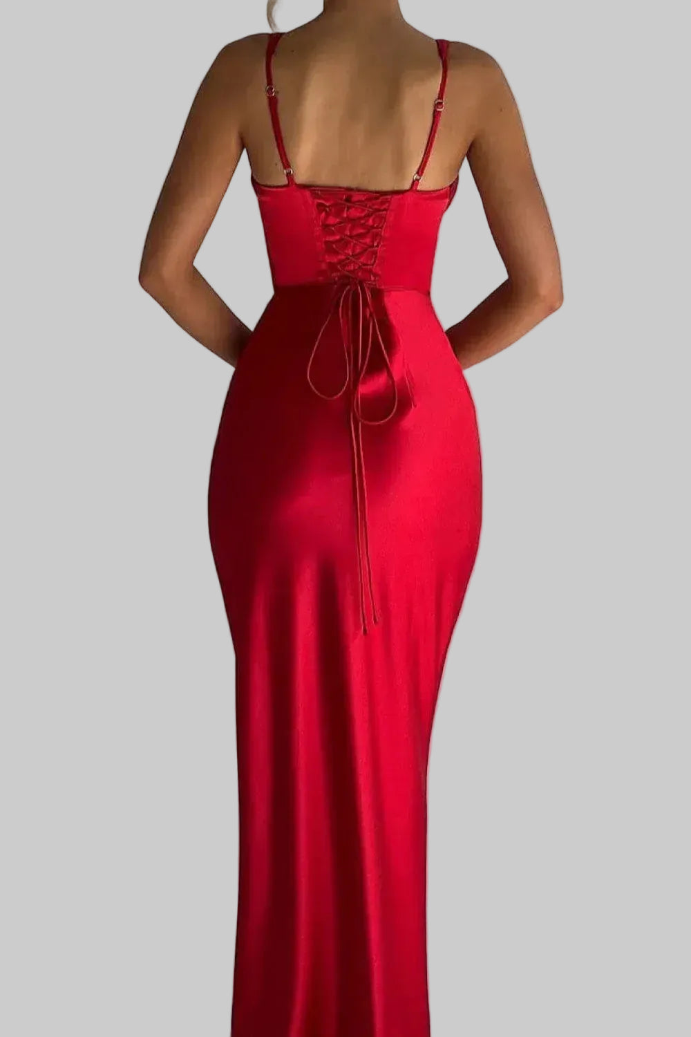 Sleek Satin Maxi Evening Dress Red Deep V Spaghetti Straps for Women