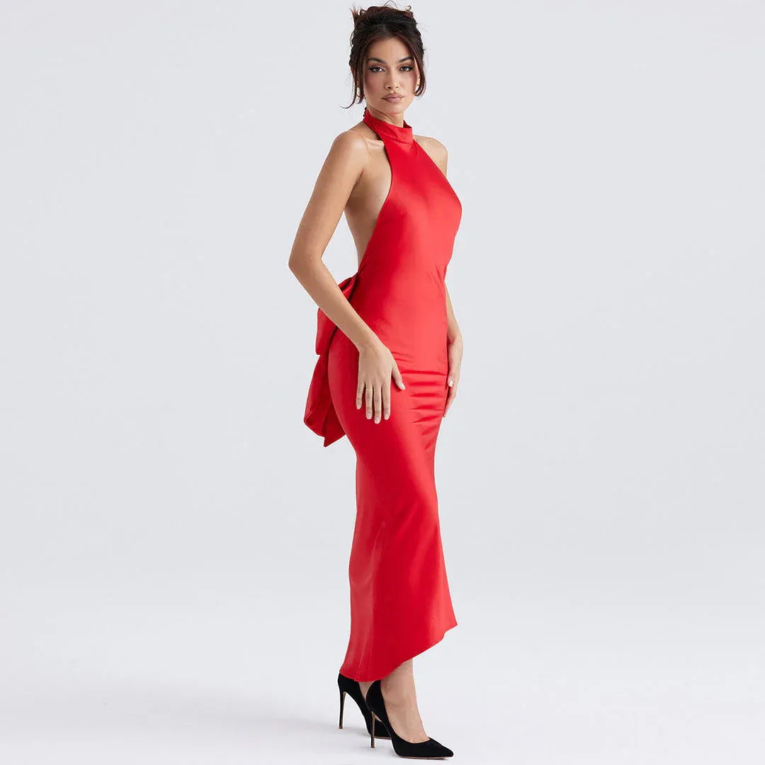Sleek Satin Maxi Evening Dress Red Halter Neck Sleeveless for Women