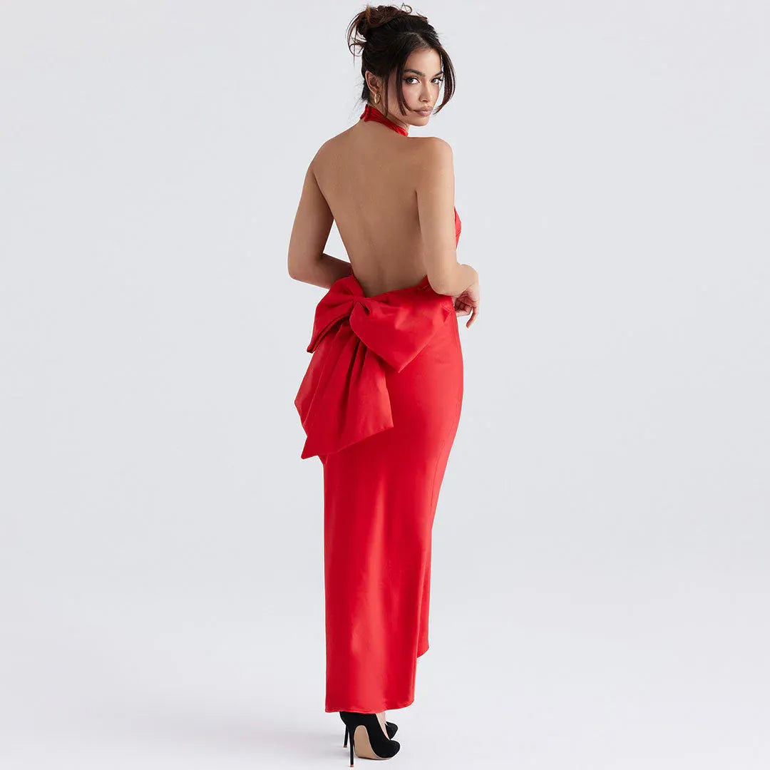 Sleek Satin Maxi Evening Dress Red Halter Neck Sleeveless for Women