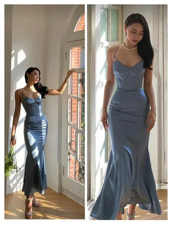 Sleek Satin Midi Evening Dress Dusty Blue V-Neck Crisscross Sleeve for Women