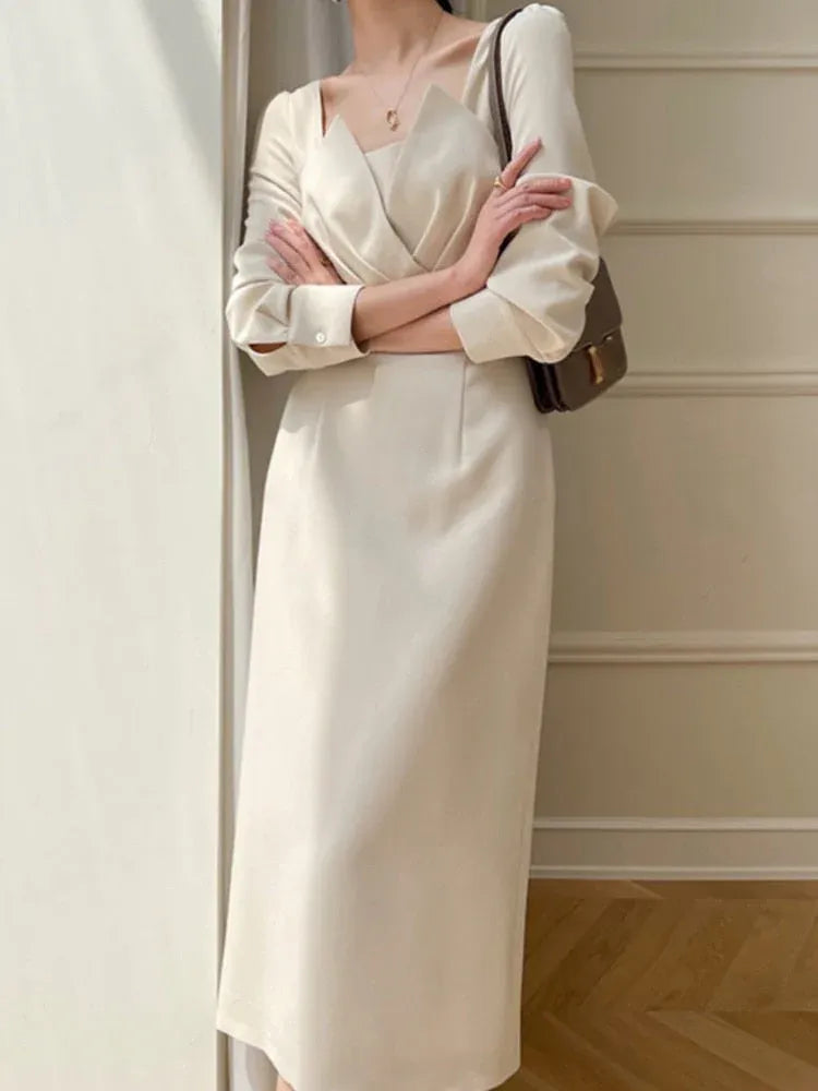 Sleek Satin Midi Evening Dress Ivory Square-Neck Long-Sleeve for Women