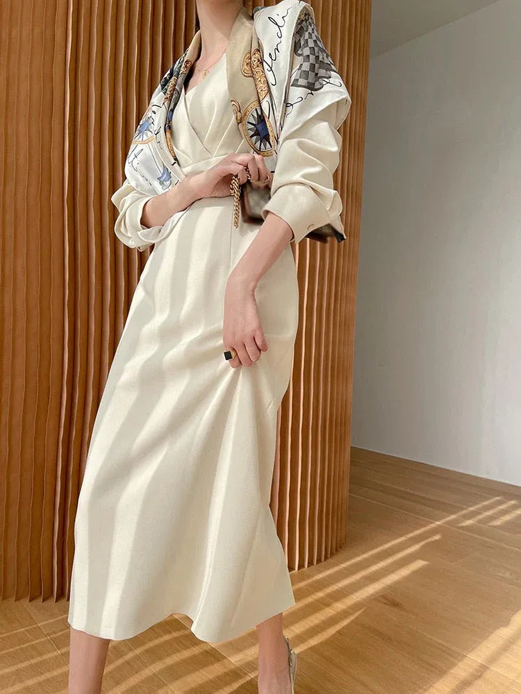 Sleek Satin Midi Evening Dress Ivory Square-Neck Long-Sleeve for Women