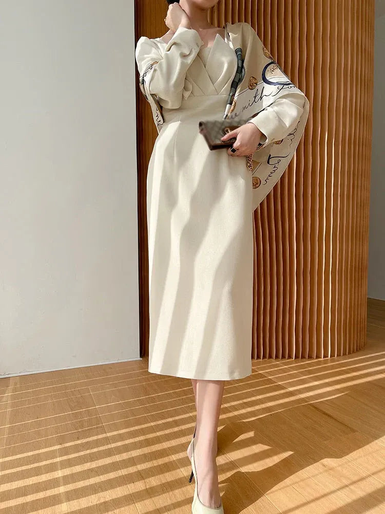 Sleek Satin Midi Evening Dress Ivory Square-Neck Long-Sleeve for Women