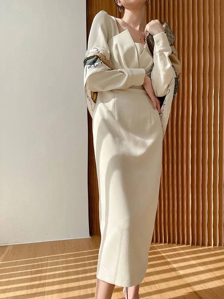 Sleek Satin Midi Evening Dress Ivory Square-Neck Long-Sleeve for Women
